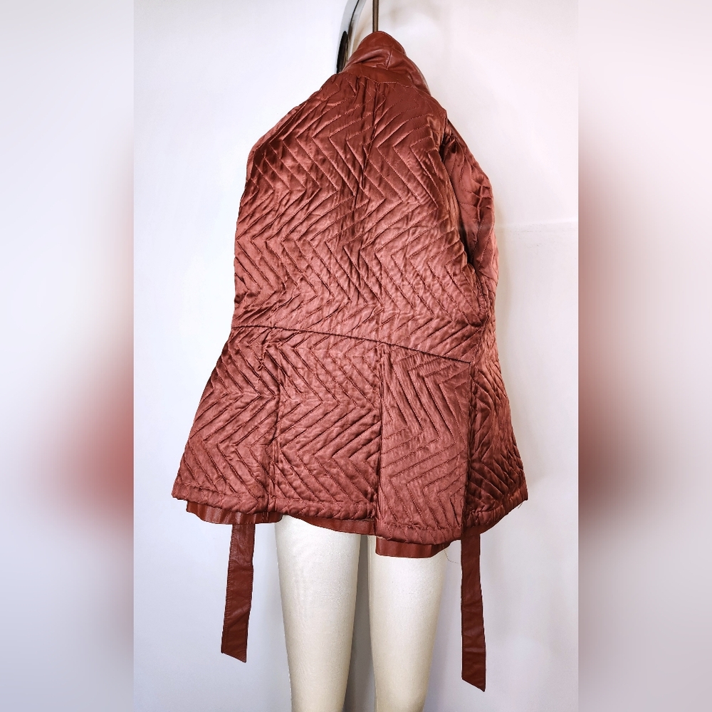 70s Brown Leather Coat Jacket Trench Coat Jacket Belted Quilted Lining XXS XS - Picture 12 of 12